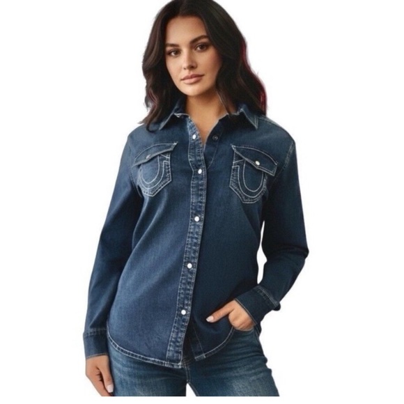 True Religion Georgia Denim Glitter button Shirt Cozy Fireside Wash XL - Picture 3 of 10